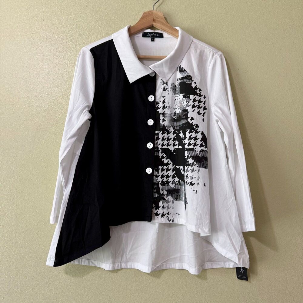Sydney Project Black & White Colorblock Houndstooth Print Shirt Women's S
